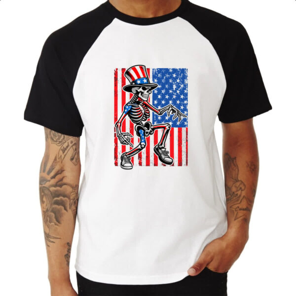 Camiseta Raglan Esqueleto Estados Unidos Vintage - Imagem 3