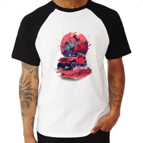 Camiseta Raglan Jeep Vermelho Sunset Art - Imagem 3