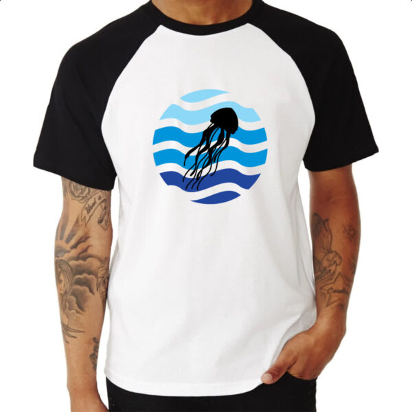 Camiseta Raglan Animais marinhos agua-viva silhueta sunset - Imagem 3