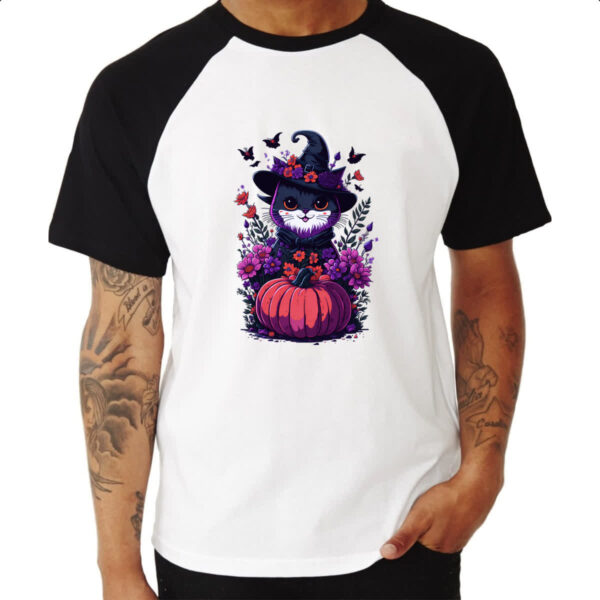 Camiseta Raglan Gatinha Bruxa com abobora - Imagem 3