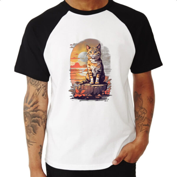Camiseta Raglan Gato amarelo final de tarde - Imagem 3