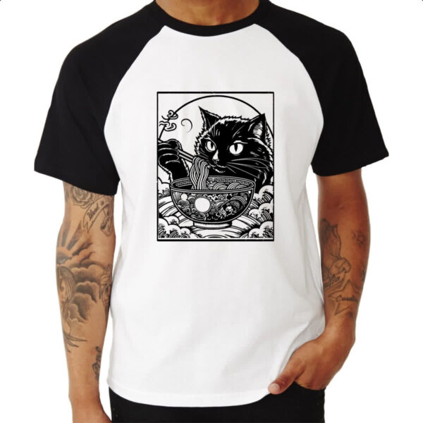 Camiseta Raglan Gato comendo lamen - Imagem 3