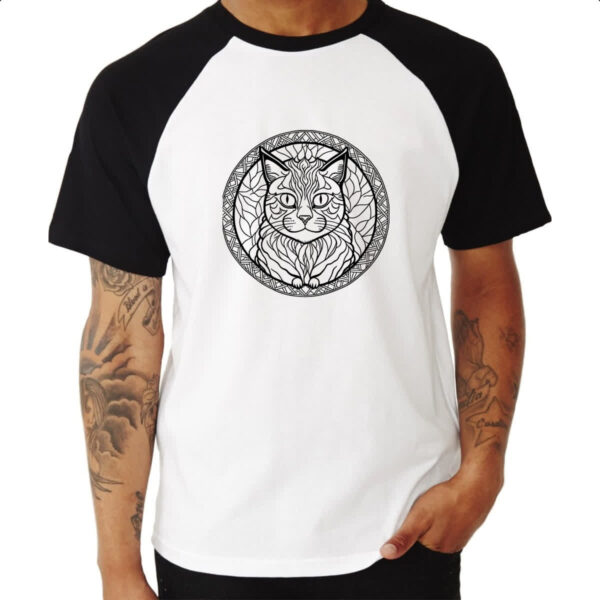 Camiseta Raglan Gato Mandala Linear Arte - Imagem 3