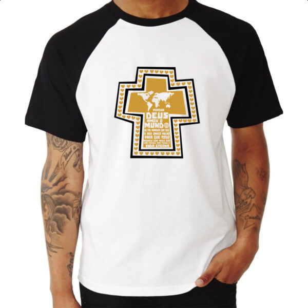 Camiseta Raglan Gospel Joao 3.16  cruz dourada - Imagem 3