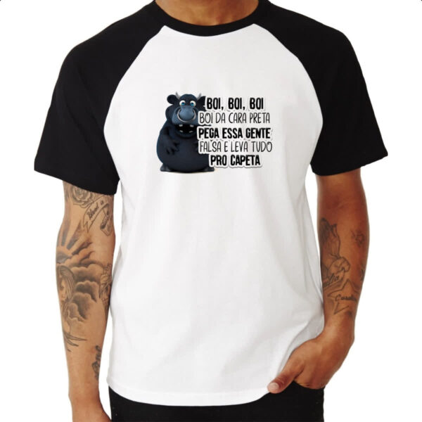 Camiseta Raglan Ironico Boi da cara preta pega gente falsa - Imagem 3
