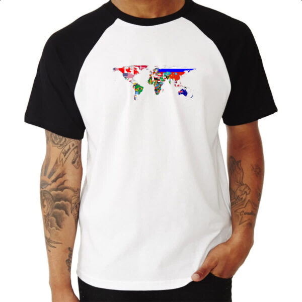 Camiseta Raglan Mapa Mundi Bandeiras - Imagem 3