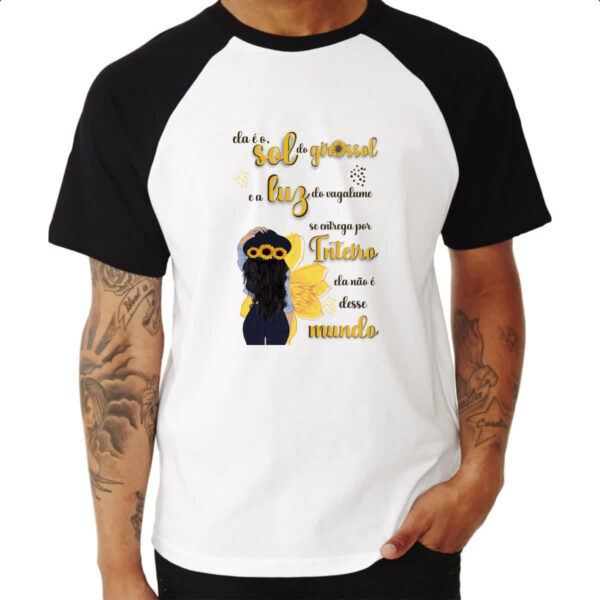 Camiseta Raglan Mulher e o girassol e a luz - Imagem 3