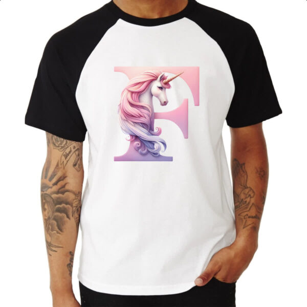 Camiseta Raglan Unicornio Alfabeto Letra F - Imagem 3
