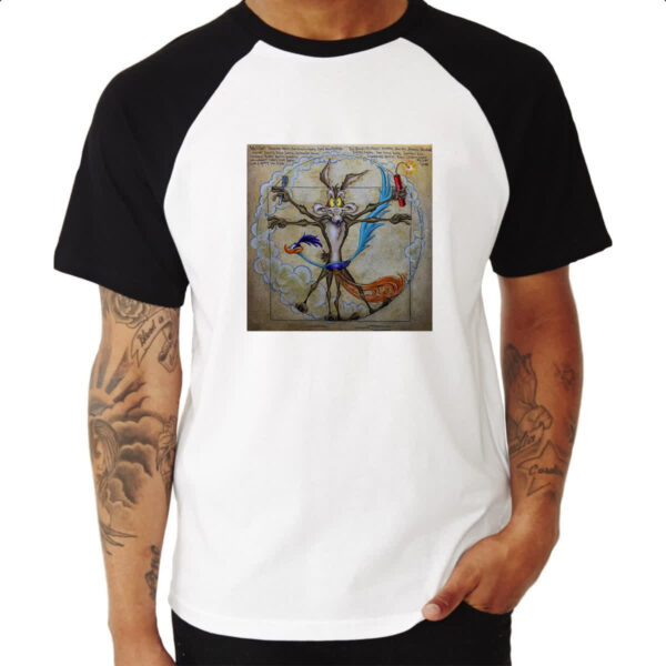 Camiseta Raglan Papa Leguas e Coyote Vitruviano Da Vinci - Imagem 3