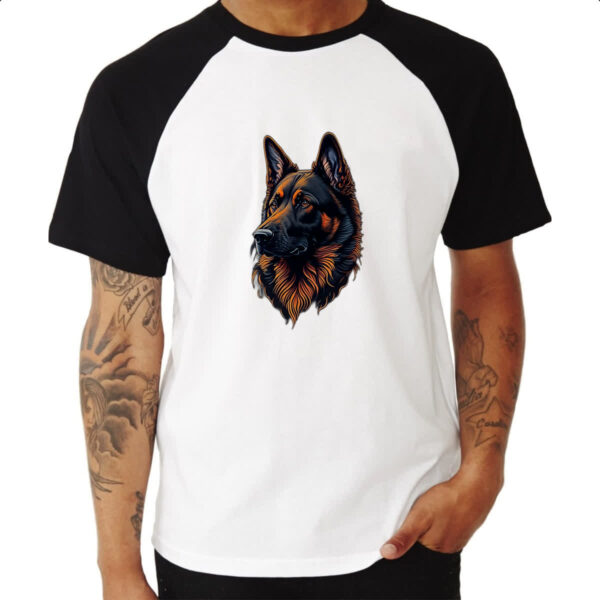 Camiseta Raglan Pastor Alemao Preto Laranja Face - Imagem 3
