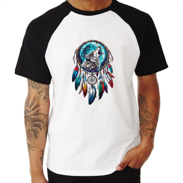 Camiseta Raglan Apanhador de sonhos lobo uivando - Imagem 3