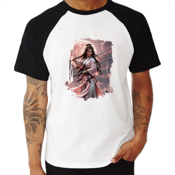 Camiseta Raglan Samurai girl sunset rosa - Imagem 3