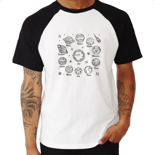 Camiseta Raglan Sistema solar desenho de caneta - Imagem 3