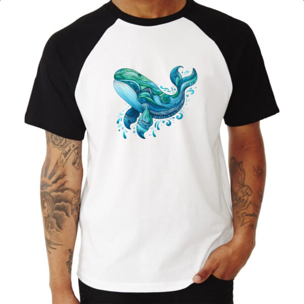 Camiseta Raglan Baleia estilo tribal watercolor - Imagem 3
