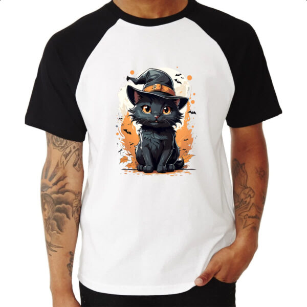 Camiseta Raglan Halloween Cute Gato Preto Bruxo - Imagem 3