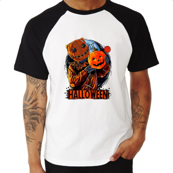 Camiseta Raglan Halloween Espantalho doces ou travessuras - Imagem 3