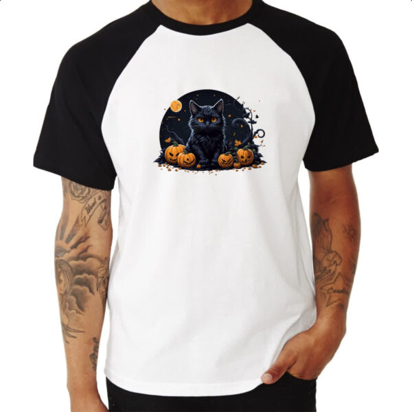 Camiseta Raglan Halloween Gato Preto Aboboras - Imagem 3