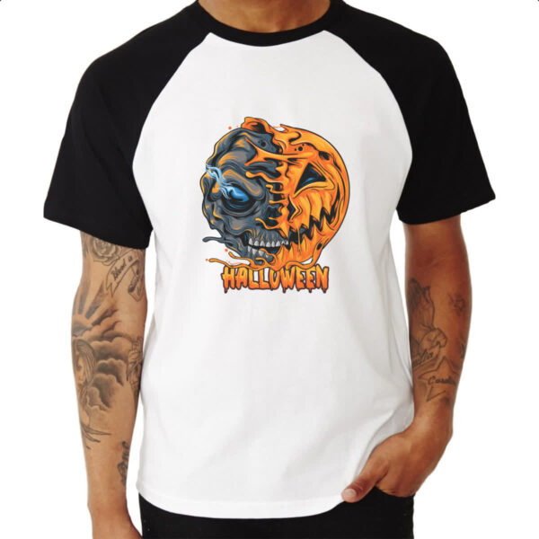 Camiseta Raglan Halloween Pumpkin Mascara rasgada - Imagem 3