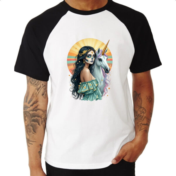 Camiseta Raglan Caveira catrina e o unicornio - Imagem 3