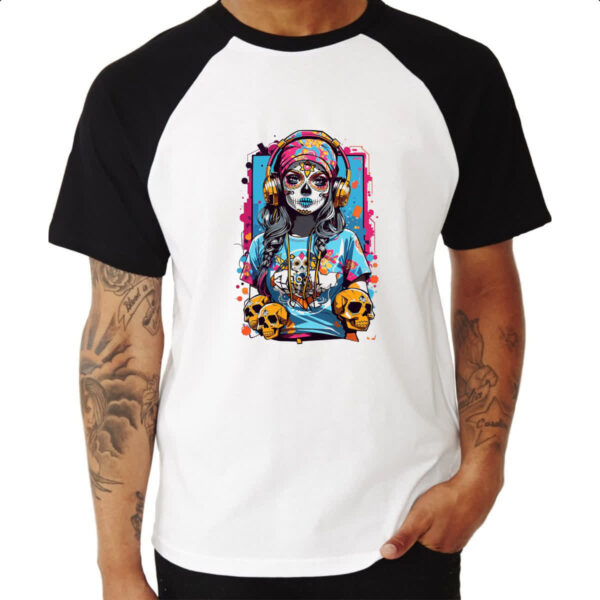 Camiseta Raglan Caveira mexicana girl sound - Imagem 3