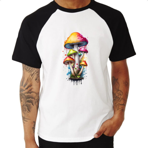 Camiseta Raglan Cogumelos coloridos splash - Imagem 3