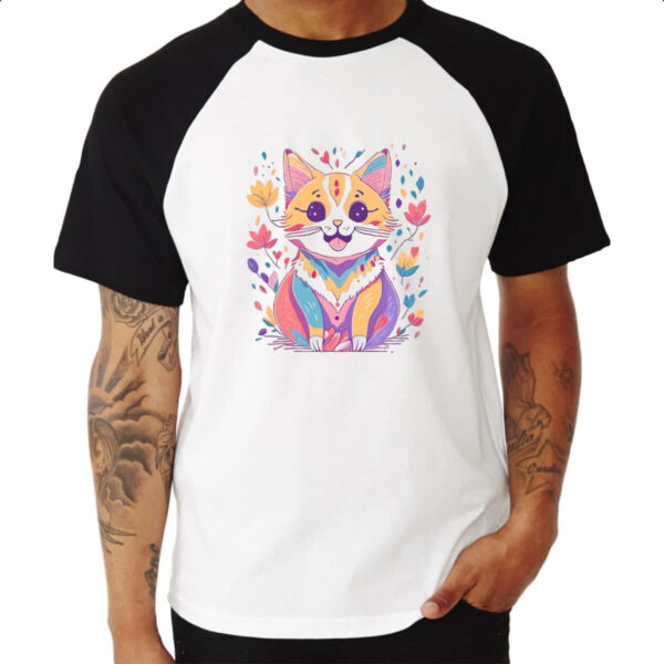 Camiseta Raglan Desenho gato feliz - Imagem 3