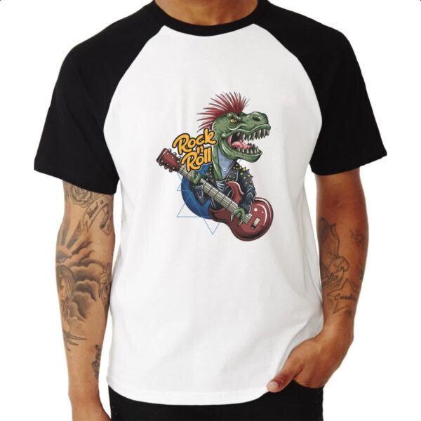 Camiseta Raglan Dinossauro Rock and Roll Guitarra - Imagem 3