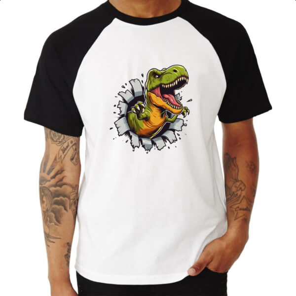 Camiseta Raglan Dinossauro T-Rex rasgando a camisa - Imagem 3