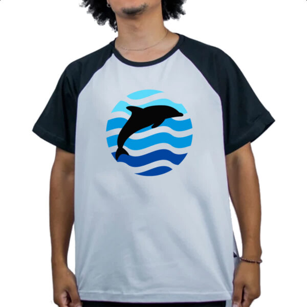Camiseta Raglan Animais marinhos Golfinho silhueta sunset - Imagem 4