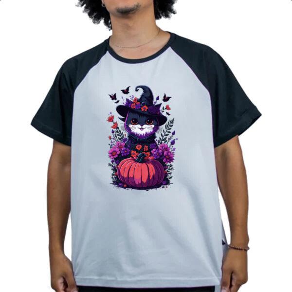 Camiseta Raglan Gatinha Bruxa com abobora - Imagem 4