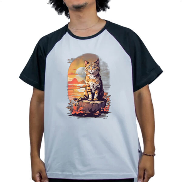 Camiseta Raglan Gato amarelo final de tarde - Imagem 4