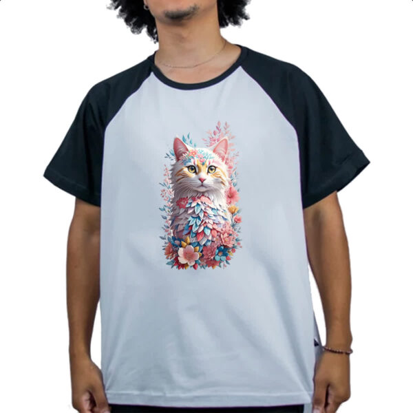 Camiseta Raglan Gato branco com flores - Imagem 4