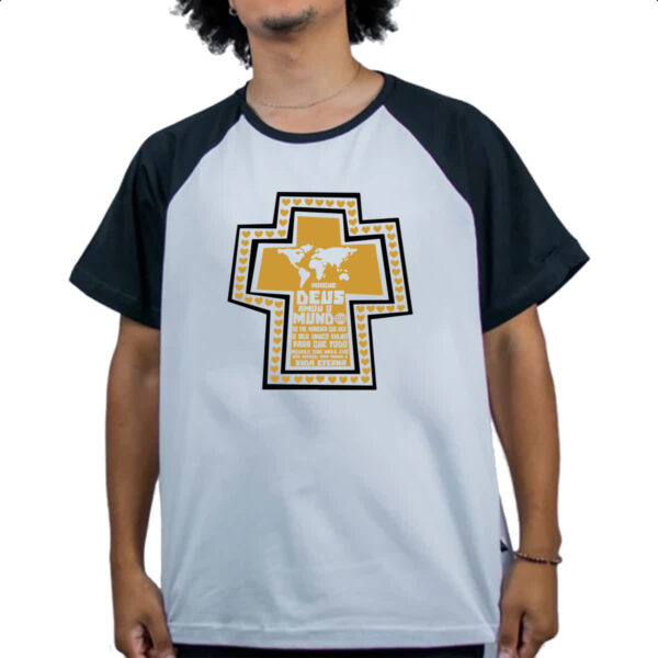 Camiseta Raglan Gospel Joao 3.16  cruz dourada - Imagem 4