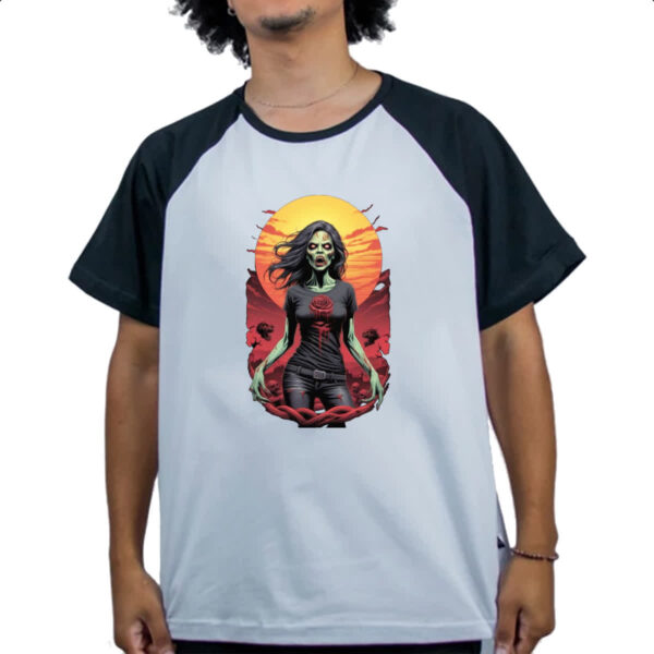 Camiseta Raglan Mulher Zumbi Sunset Art - Imagem 4