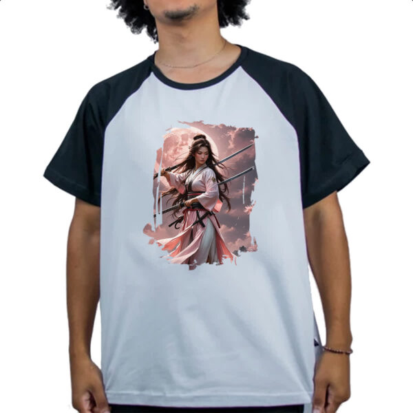 Camiseta Raglan Samurai girl sunset rosa - Imagem 4