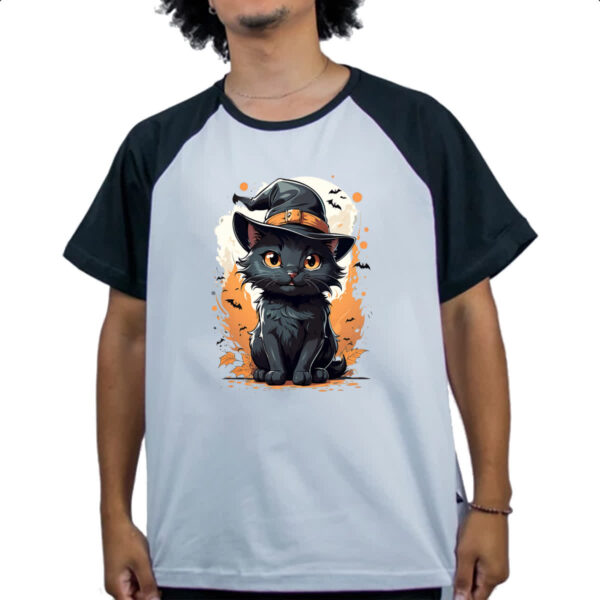 Camiseta Raglan Halloween Cute Gato Preto Bruxo - Imagem 4