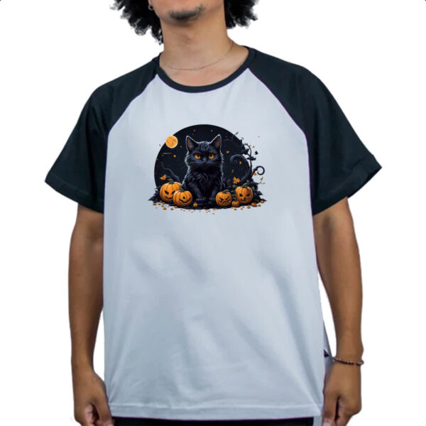 Camiseta Raglan Halloween Gato Preto Aboboras - Imagem 4