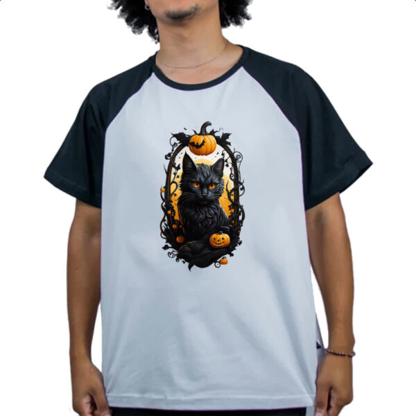 Camiseta Raglan Halloween Gato Preto Espelho Macabro - Imagem 4