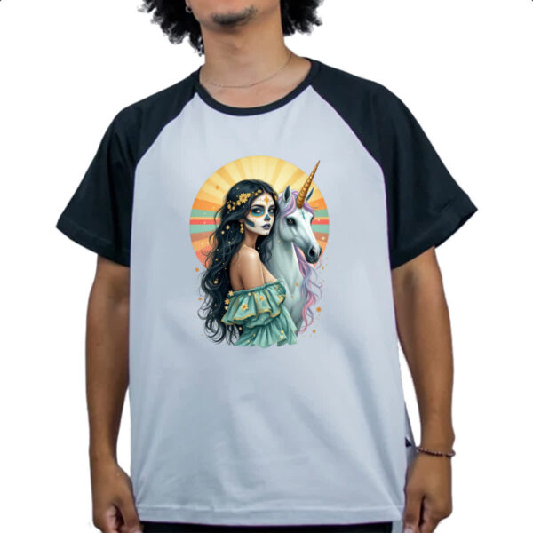 Camiseta Raglan Caveira catrina e o unicornio - Imagem 4