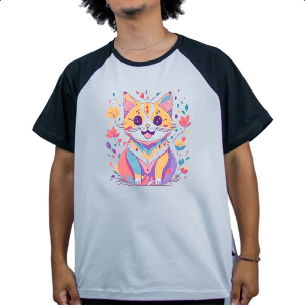 Camiseta Raglan Desenho gato feliz - Imagem 4