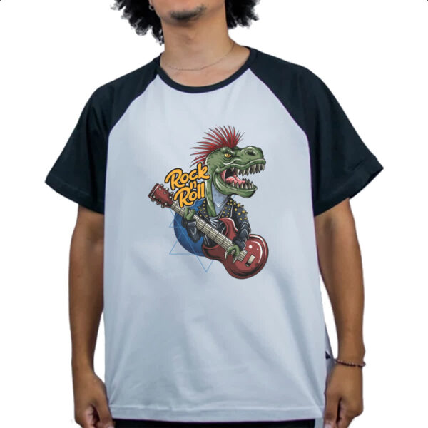 Camiseta Raglan Dinossauro Rock and Roll Guitarra - Imagem 4
