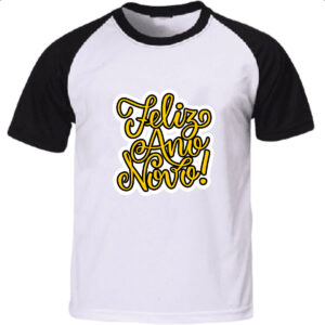 Camiseta Raglan Feliz ano novo escrita dourada