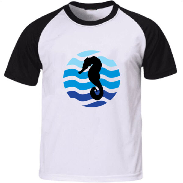 Camiseta Raglan Animais marinhos cavalo silhueta sunset
