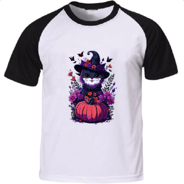 Camiseta Raglan Gatinha Bruxa com abobora
