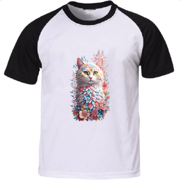 Camiseta Raglan Gato branco com flores