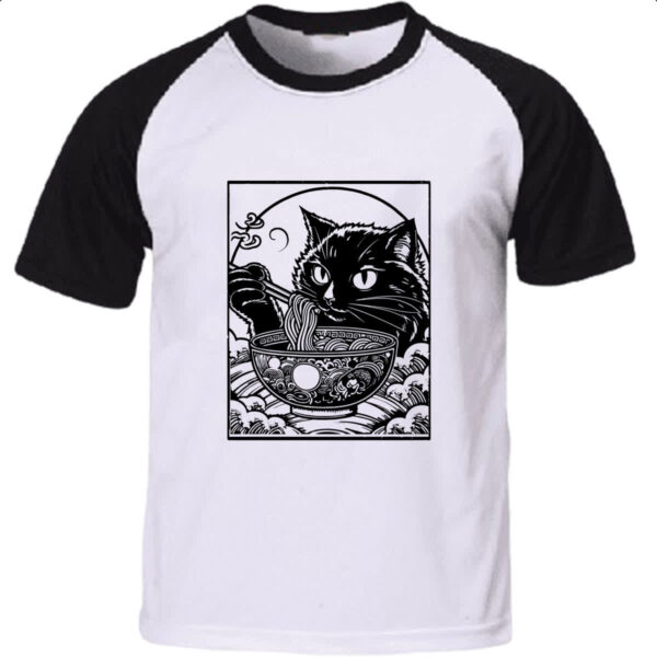 Camiseta Raglan Gato comendo lamen