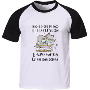 Camiseta Raglan Leio livro amo gatos