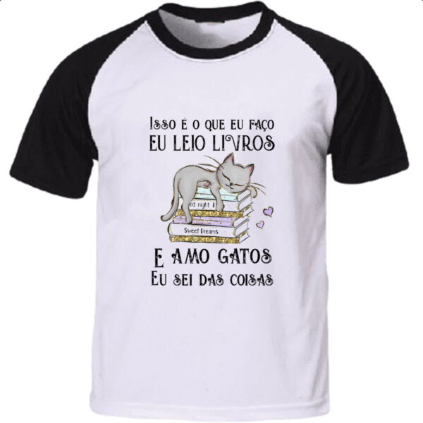 Camiseta Raglan Leio livro amo gatos