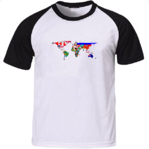 Camiseta Raglan Mapa Mundi Bandeiras