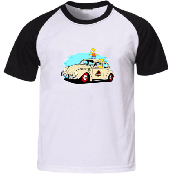 Camiseta Raglan Bart e Hommer no fusca do Jurassic Park